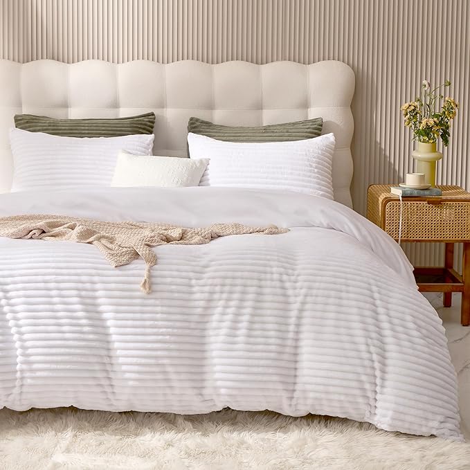 JELLYMONI Plush Duvet Cover Set - King Size Pure White Striped Fluffy Comforter Cover 3pcs Bedding Set Luxury Ultra Soft Faux Fur Duvet Cover with Zipper and 2 Pillowcases (NO Comforter)
