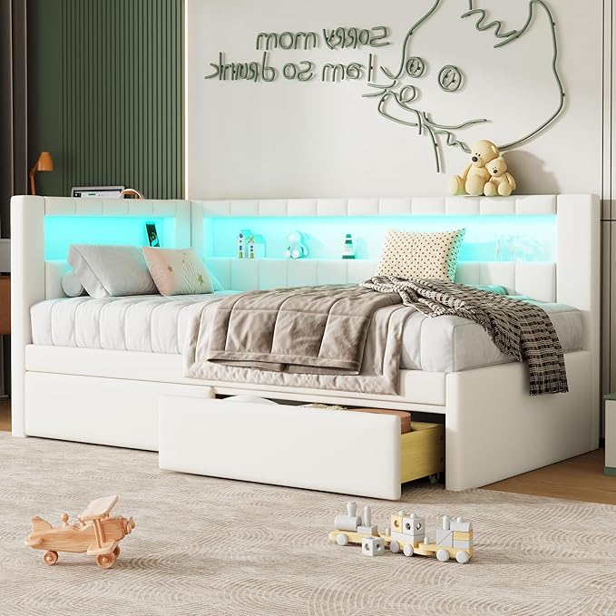 Twin Size Soft Daybed with Storage Drawers, Shelves and LED Belt, Linen Upholstered Corner Bed with L-Shaped Bookshelf Headboard and USB Charger for Kids Boys Girls, White