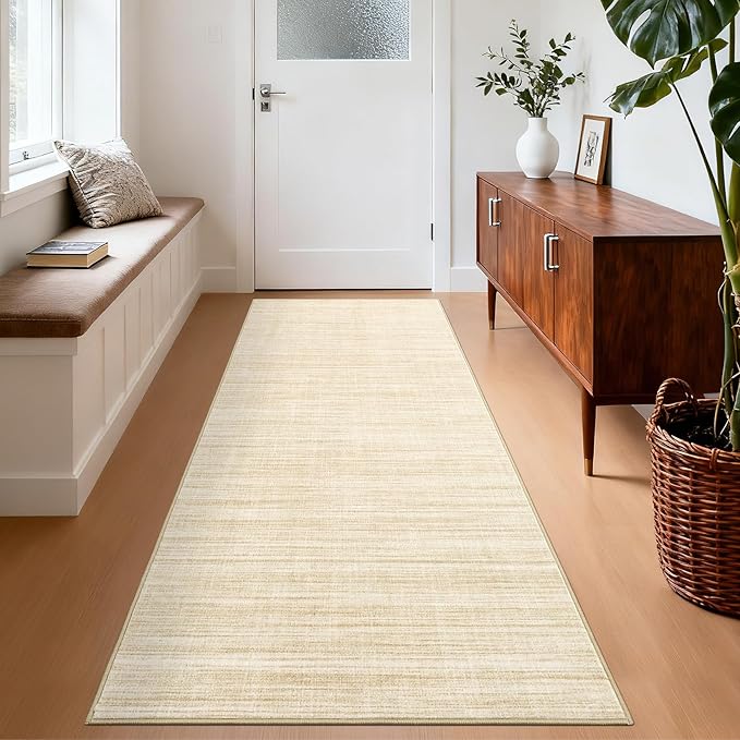 Hallway Runner Rug 2.5x8 Washable Non Slip Kitchen Runner Rugs Low Pile Modern Solid Color Living Room Rugs Minimalist Plain Entry Long Runners Boho Accent Solid Runner Rugs for Bedroom Nursery, Beige