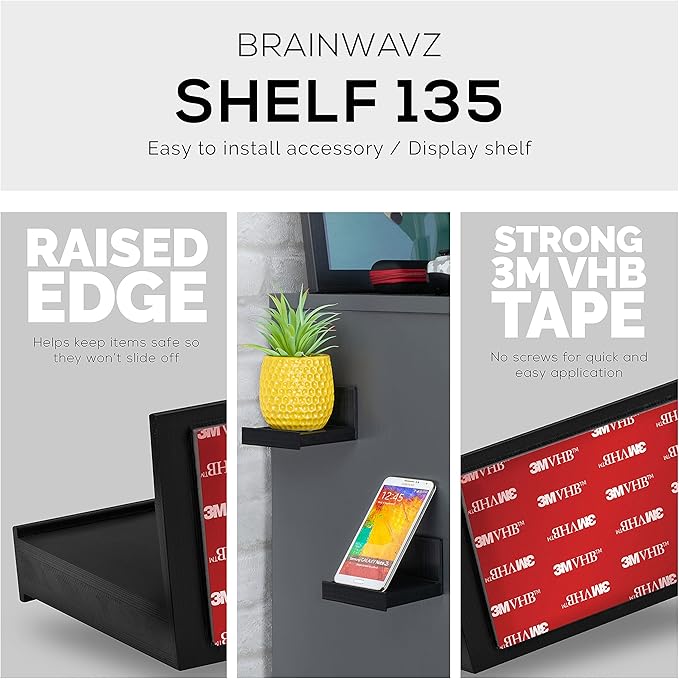 BRAINWAVZ Screwless 4" Universal Shelf for Cloud Security Camera, Baby Monitor, Small Speakers, Electronics & More, No Tools, VHB Tape Strong Adheasive, Easy to Install (Black)