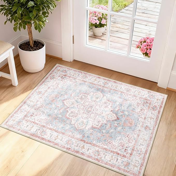 Machine Washable Rugs Nursery Rug 2x3 Cute Girl Non Slip Low Pile Water Repellent Soft Print Pattern for Bedroom Indoor Decor Kids Playroom Pinkblue
