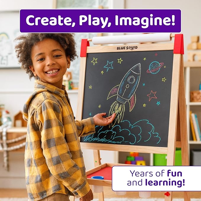 Blue Squid Art Easel for Kids with Paper Roll x 3, Includes 100+ Accessories, Double Sided Adjustable Wooden Painting Easel with Magnetic Chalk Board, White Board for Toddlers Ages 3,4,5,6,7,8,9,10,12