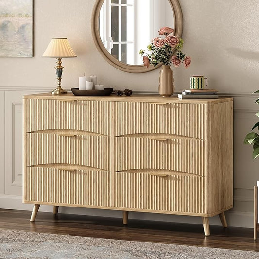 Evermagin 55" Wide Fluted 6 Drawer Dresser, Mid Century Modern Curved Dresser, Light Wood Chest of Drawers for Bedroom, Living Room and Entryway, Natural Oak
