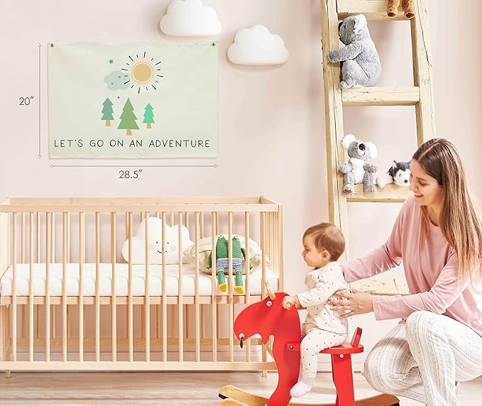 Nursery Canvas Rectangular Banner Flag Poster Wall Decor-Hanging Wall Decoration for Nursery Bedroom Playroom,Birthday Christmas Gift for Baby Kids Girl Boy Teen,Let’s Go On an Adventure 28.5"L×20"W
