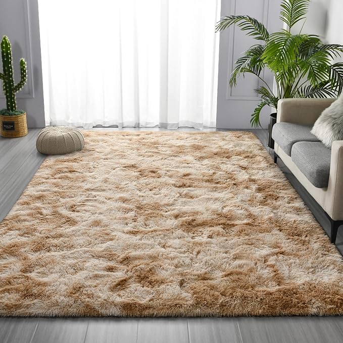 Shag Area Rug, 4 X 6 Tie-Dyed Plush Fuzzy Rugs for Living Room, Ultra Soft Fluffy Furry Rug for Bedroom, Indoor Carpet Nursery Rugs for Kids Room Home Decor, Beige