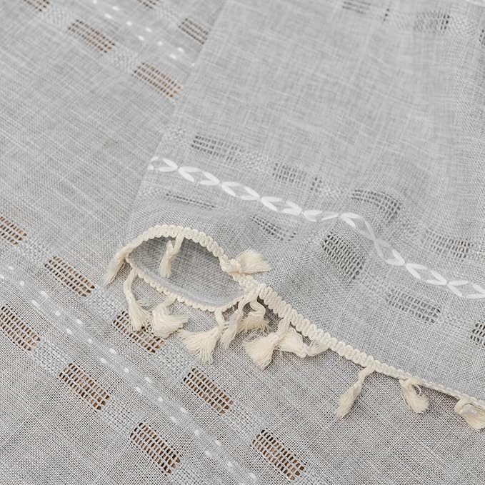 Deeprove Silver Grey Boho Curtain 96 inches Length for Living Room Bedroom Nursery Doorway, Sheer Bohemian 96 inches Long, Stripe Embroidery Privacy Window Fringe Christmas Decor W52 x L96, 1 Panel
