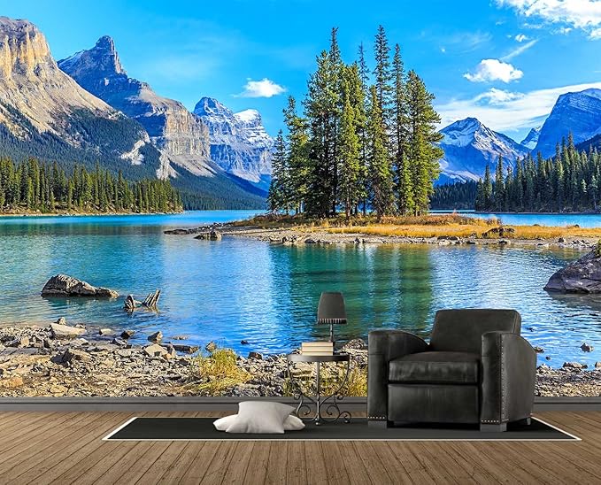 Mountain with Lake Photo Wallpaper Landscape Wall Mural for TV Background Wall Bedroom Living Room Sofa Wall (not self-Adhesive)