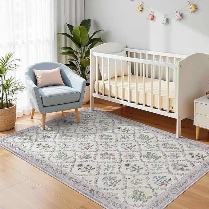 3x5 Nursery Rug, Boho Purple Floral Area Rugs Machine Washable, Soft Ultra-Thin Purple Carpet Non Slip for Girls Room Bedroom Entryway Playroom Living Room, Purple Grey