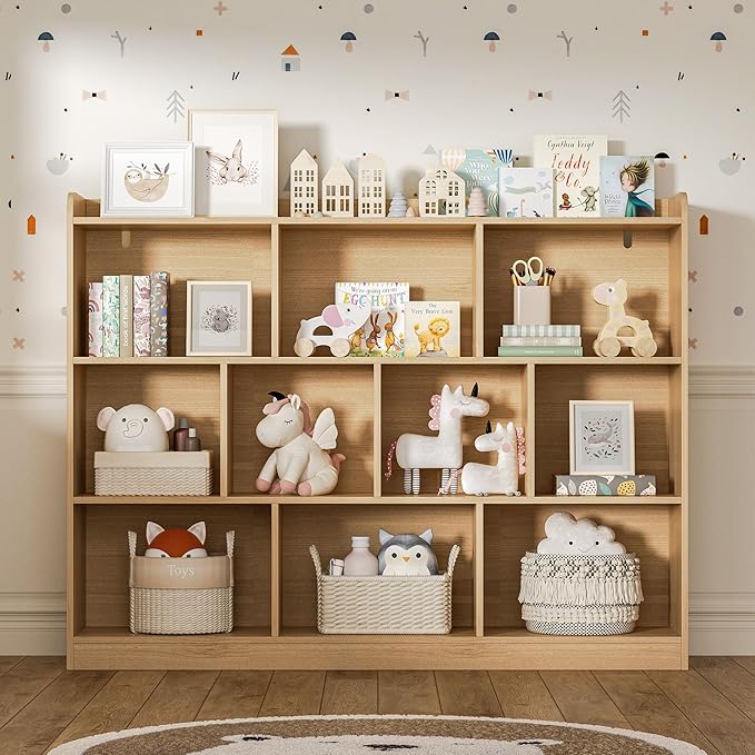 Oak Bookshelf, Wood Bookcase with 3 Tier Open Shelves, 10-Cube Minimalist Storage Shelf for Living Room, Bedroom, 43.3" W x 35.4" H