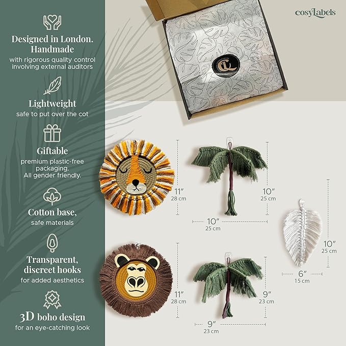 cosyLabels Macrame Nursery Decor: Safari Boho Baby Room Decor. Premium Jungle Wall Hanging with Hooks, Cotton Base. Lion, Monkey, 2x Palm Trees, Leaf