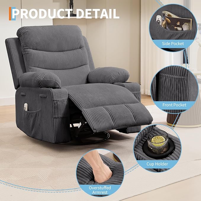 Recliner Chair Nursery, Oversized Manual Reclining Rocking Chair, Corduroy 360 Swivel Glider with Cup Holder, Massage and Heat Recliner, Small Sofa Chairs for Adults, Living Room, RV, Bedroom, Gray