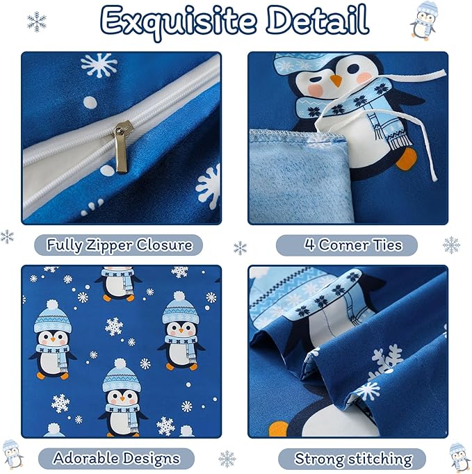JSD Penguin Snowflakes Kids Christmas Duvet Cover Set Twin Size, 2 Piece Xmas Comforter Cover with Pillow Sham Zipper Closure, Comforter Not Included