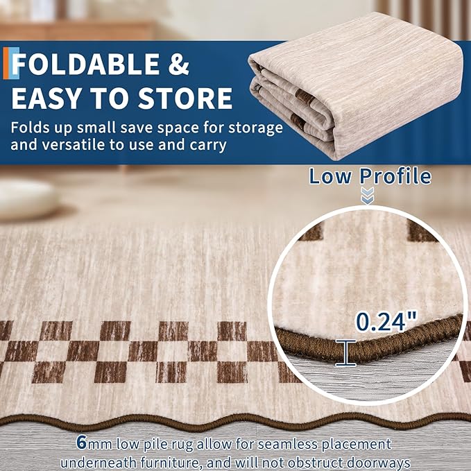 GarveeHome 4x6 Area Rug Small Washable Living Room Rug Scalloped Rug with Rubber Backing Stain Resistant Low Pile Dining Room Throw Carpet Modern Bordered Mat for Bedroom Kitchen, Beige