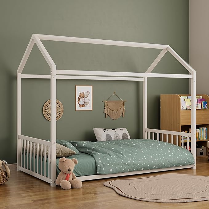 Merax Twin Floor Bed Frame, Montessori Style Metal House Shaped Kids Bed with Vertical Safety Guardrails, No Slats, Grounded Design for Kids and Toddlers, Easy Assembly, White