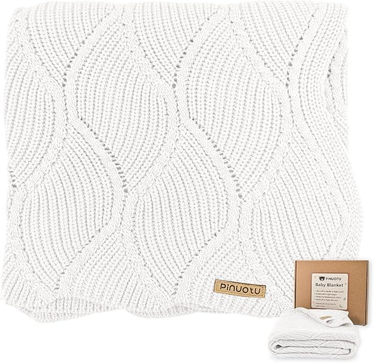 Thick Cotton Knit Baby Blanket 40x31 Inches – Soft Breathable Newborn Blanket for Boys & Girls, Wavy Pattern Receiving Blanket for Crib, Stroller, or Nursery, Gift Box for Baby Shower (White)