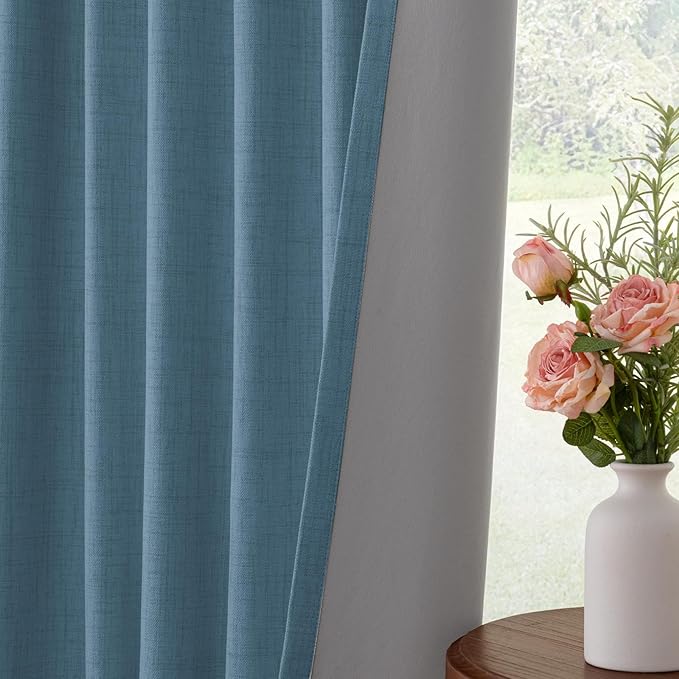 INOVADAY 100% Blackout Curtains for Bedroom, Black Out Curtains 90 Inch Long, Clip Rings Linen Blackout Drapes, Thermal Insulated Room Darkening for Living Room, 2 Panels - Tone Blue,W50xL90