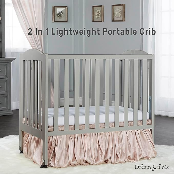 Dream On Me 2 in 1 Folding Portable Crib in Cool Grey, Greenguard Gold Certified , 40x26x38 Inch (Pack of 1)