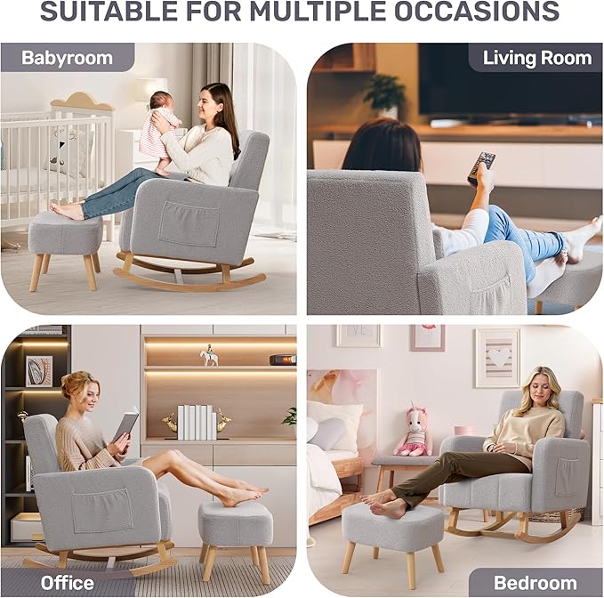 Rocking Chair with Ottoman, Nursing Glider Rocker with High Backrest and Side Pocket, Comfy Reading Chair with Solid Wood Legs for Nursery/Living Room/Bedroom Light Grey