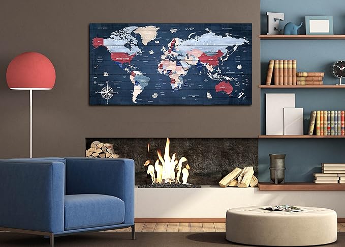 ZHAOSHOP World Map Wall-Art for Living Room - Blue Wall Decor for Teen Bedroom - Large Canvas Wall Art Stretched and Framed Ready to Hang Size 47" x 23"