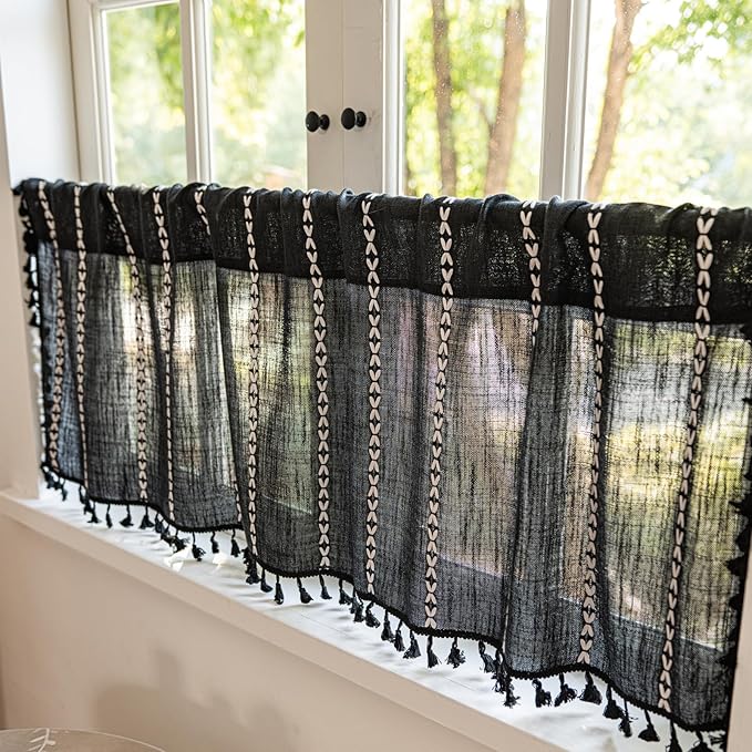Deeprove Black Boho Curtain Valance for Cafe Kitchen Closet Doorway Cottage Decor, Gothic Sheer Bohemian Farmhouse Cotton Linen Short Panel Tassel Vintage Chic Window Drape W52 x L18, 1 Piece