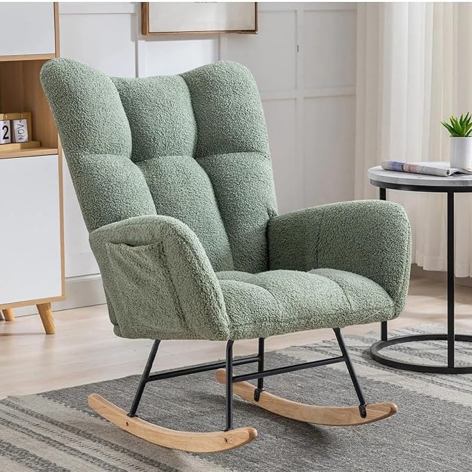 Nursery Rocking Chair Teddy Upholstered Glider Rocker Rocker Accent Chair with High Backrest Armchair Comfy Side Pocket Modern Rocking Accent Chairs for Living Room, Nursery, Office-Green