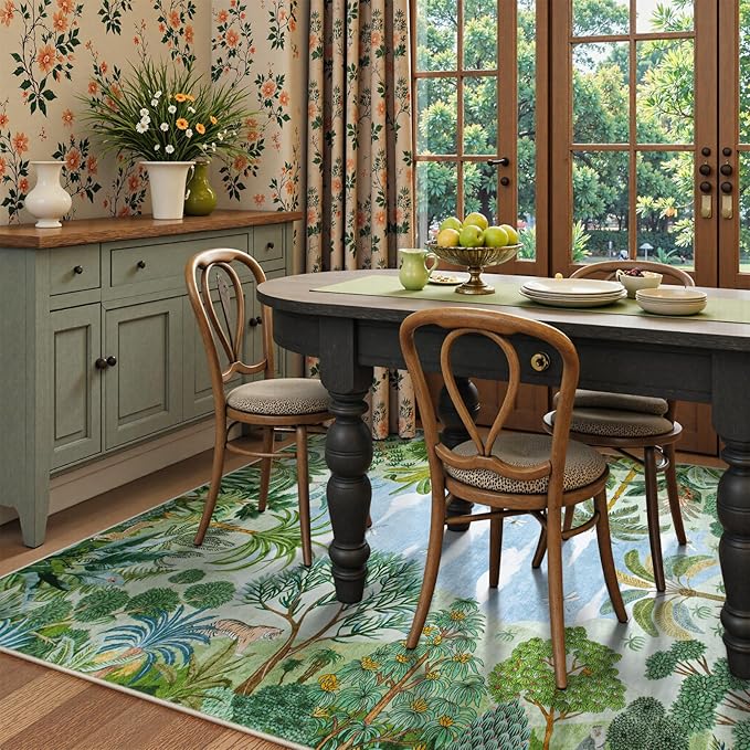 Lahome Summer Jungle Washable Rugs 9x12 Large Living Room Rug Green Forest Bedroom Carpet, Soft Dining Room Carpet for Under Table Non Slip Non Shedding Floor Mat for Classroom Office Room Decor