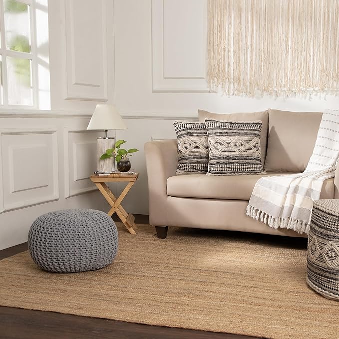 REDEARTH · Round Boho Pouf Ottoman - Cable Knitted Cord Boho Pouffe - Stuffed Poof Accent Beanbag Footrest for Living Room - Nursery - Bedroom - Covered Patio - Study Nook (18”x18”x14”) - Gray-S