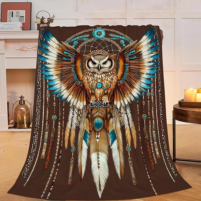 Owl Blanket Native American Decor Throw Blanket Super Soft Flannel Lightweight Fluffy Plush Fuzzy Fleece Indian Blanket Gifts for Girl Woman Adults Man Boys Kids Baby for Bed Sofa 40"X50"