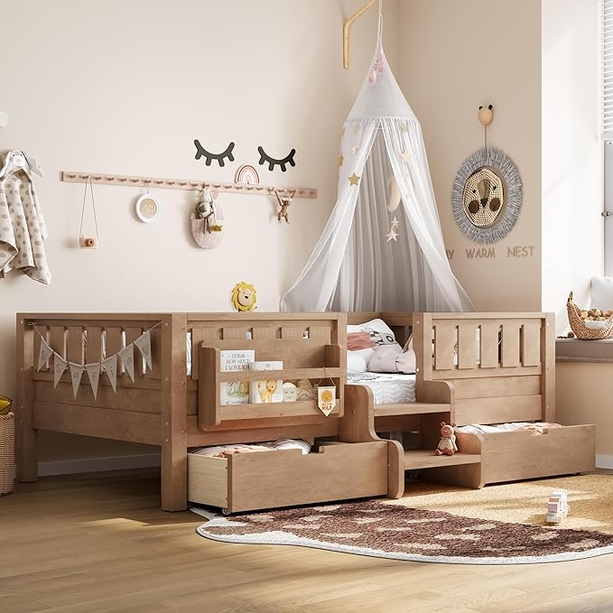 Bellemave Twin Bed with Slats and Stairs, Twin Size Platform Bed Frame with Fence, Bookshelf and Storage Drawers, Easy Assemble Beds for Kids, Girls, Boys, Natural