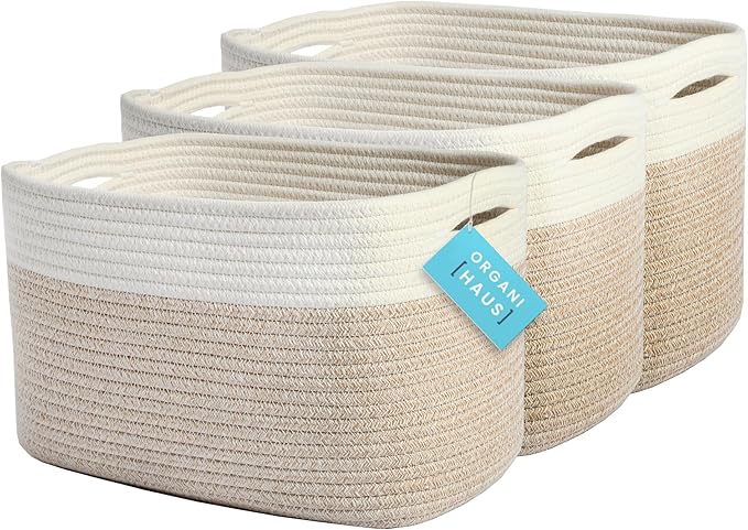 OrganiHaus Set of 3 Woven Storage Baskets for Shelves, Decorative Organizer Bins for Closet & Bathroom, Multipurpose Home Organization Baskets, Toy Storage Basket - Honey/Off-White, 15x9x10 inches