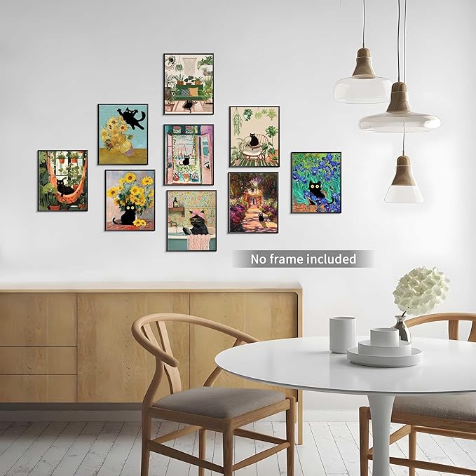 Funny Black Cat Poster Wall Art Set of 9, Vintage Van Gogh Black Cat Canvas Prints, Colorful Cat Floral Aesthetic Prints Wall Decor Paintings for Bedroom Bathroom Dorm Home Decor 8x10In Unframed