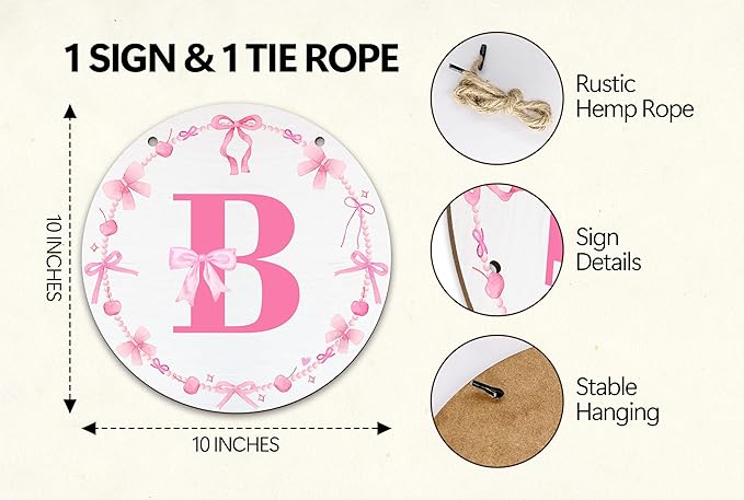Monogram Round Sign For Front Door, Cherry Bow Theme Sign For Porch Art Wall Door, Initial Signs Hanging Ornament For Indoor Outdoor, Decorations Gifts For Four Seasons Rustic Home Kitchen, B, A02