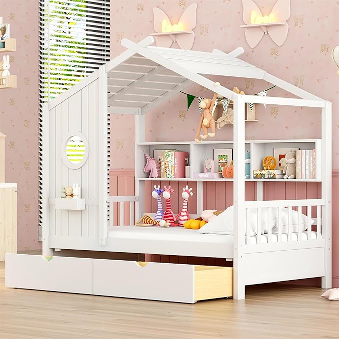 Modern Twin Size House Bed with Roof and Window, Wooden Daybed Frame with Shelves and 2 Drawers,Bedroom Furniture for Girls & Boys (White+2 Drawers/)