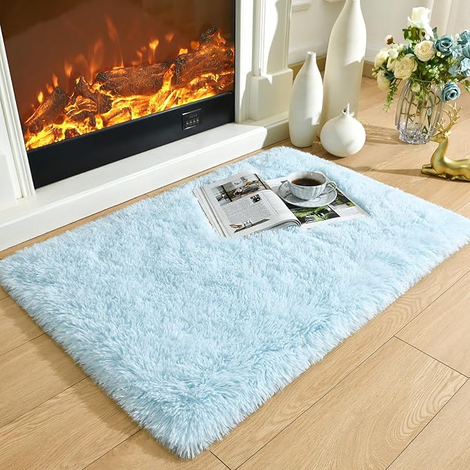 Merelax Fluffy Rug Shaggy Area Rug, Baby Blue 2x3 Small Rugs for Bedroom, Mini Fuzzy Plush Kids Bedside Rug, Soft Non-Slip Entryway Throw Rugs Shag Catpet for Living Room Nursery Room Home Decor
