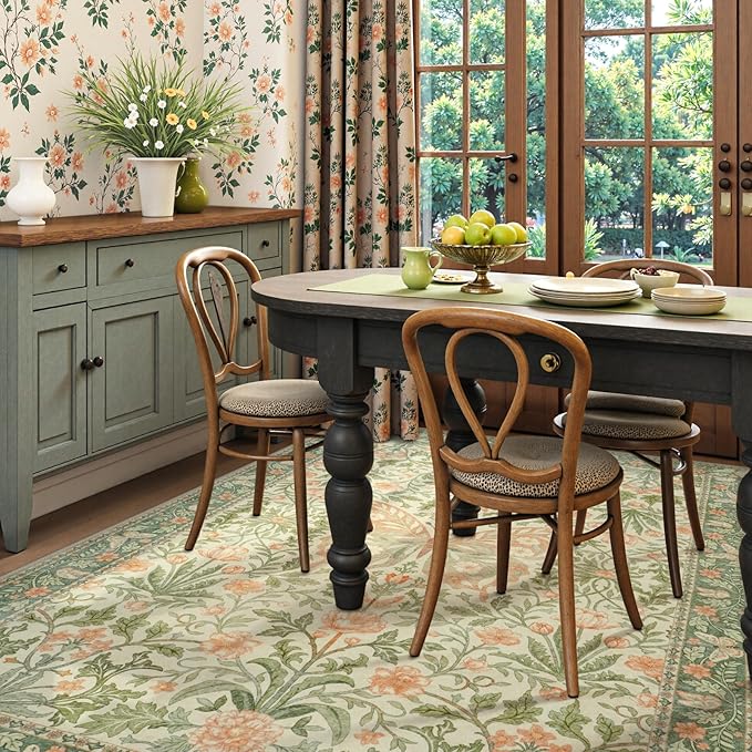 Collive 8x10 Butterfly Rugs for Living Room, Vintage Insect Girls Bedroom Area Rug Washable, Boho Floral Non Slip Large Floor Carpet for Dining Room Kids Room, Grass Green