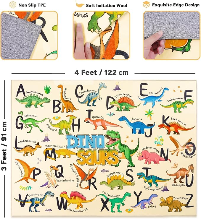 Kids Rugs for Playroom, 3x4 Feet Educational Rug for Learn The ABC Alphabet, Soft Machine Washable Non-Slip Cute Dinosaur Carpet for Classroom Toddler Nursery Kids Room Decor Mat, Beige