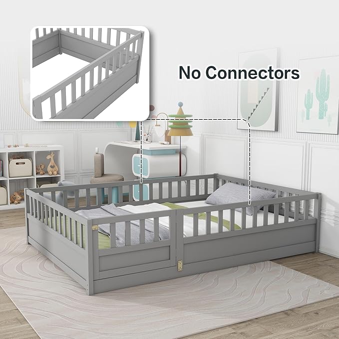 GDFStudio Full Size Floor Bed Frame with Door & Guardrails, Toddler Full Bed Frame for Boys Girls, Low to Floor Wooden Bed Rails for Toddlers, Montessori Floor Bed for Baby, No Support Slat, Grey