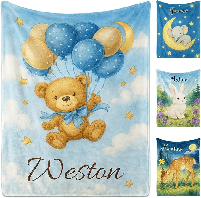 Ship Next Day Personalized Baby Blanket for Kids, Custom Baby Blanket with Name, Super Soft Flannel Blankets, Custom Bear Animal Blankets Baby Gifts for Christmas.
