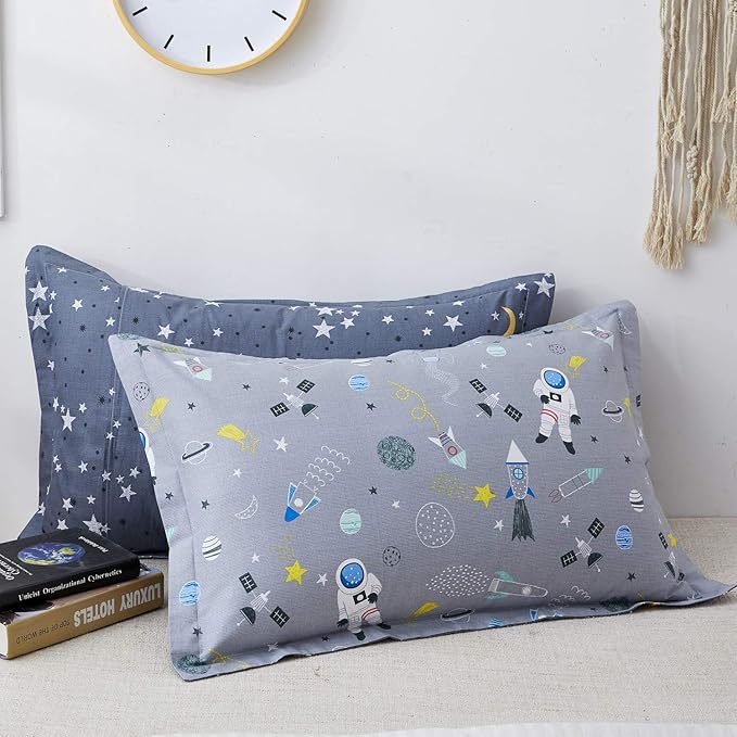 Brandream Boys Space Astronaut Bedding Kids Bedding Sets Queen Size Grey 100% Cotton Duvet Cover Sets Reversible Zipper Closure(No Comforter Included)