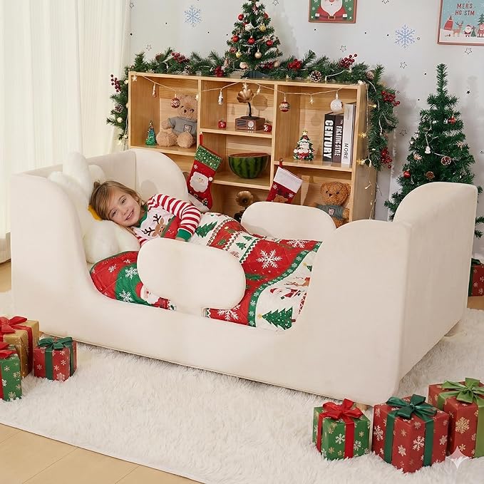 DoCred Toddler Bed - Toddler Floor Bed Frame with Removable Guard Rails, Kids Beds for Ages 2-7 Years, Kid Beds for Girls and Boys, Standard Crib Size(Mattress Not Included)