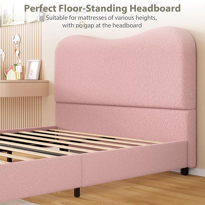 Senfot Pink Boucle Bed Frame with Upholstered Headboard, Soft Low Profile Sturdy Platform Bed with Rounded Corners Design, Heavy Duty, Wooden Slats, Noise Free, No Box Spring Needed, Full Size
