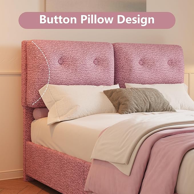 Full Size Bed Frame with Headboard, Cloud Boucle Upholstered Bed Frame, Modern Soft Style, Adjustable Headboard, No Box Spring Needed, Easy Assembly, Pink