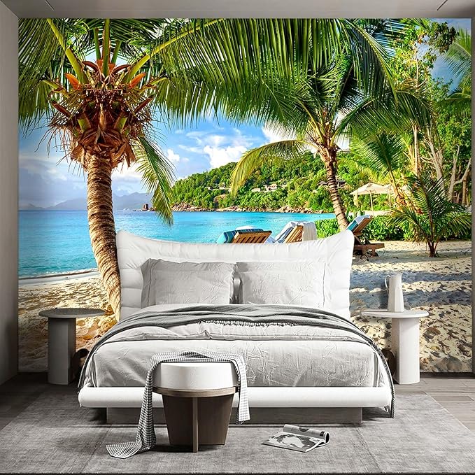 Classy Beach Backdrop Wallpaper for Bedroom Palm Tree Large Wall Mural Living Room Beach Scene Adhesive Fabric Decor - 160"x108"（Not Peel and Stick）