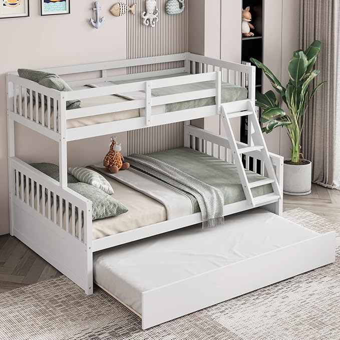 KOMFOTT Wood Twin Over Full Bunk Bed with Trundle, Bunk Bed Frame with Solid Pine Wood Frame, Space-Saving Bed Frame with Ladder & Safety Guardrails, No Box Spring Needed