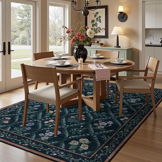5x7 Washable Area Rug, Non Slip Vintage Floral Rug for Bedroom, Ultra-Thin Stain Resistant Floor Carpets Rugs for Living Room Dining Room Home Office,Dark Blue