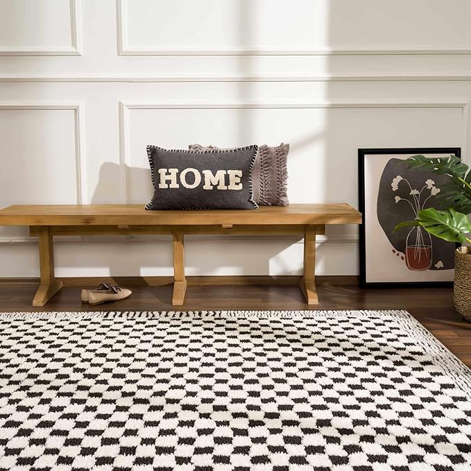 Hauteloom Leryn Contemporary Checkered Area Rug - Modern Geometric Bordered Carpet for Living Room, Bedroom, Dining Room - Checkboard Design - Square Tiles - High Pile - Black and White - 8'10" x 12'