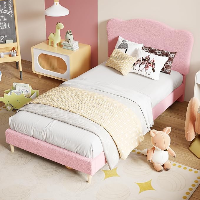 GarveeHome Upholstered Twin XL Size Bed Frame for Kids with Scallop Headboard, Cute Velvet Twin XL Bed for Girls, Boys, Sturdy Platform Bed, No Box Spring Needed, Wooden Slats, Noise Free, Pink