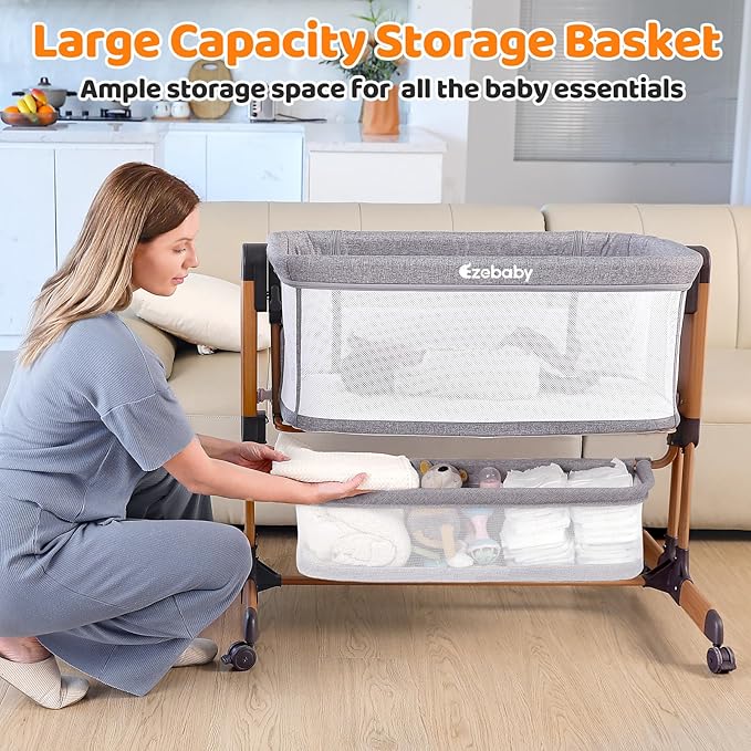 Ezebaby 3-in-1 Baby Bassinet, Rocking Baby Bassinets Bedside Sleeper, Adjustable Portable Crib for Newborn Infant with Wheels Storage Basket and Mesh Sides