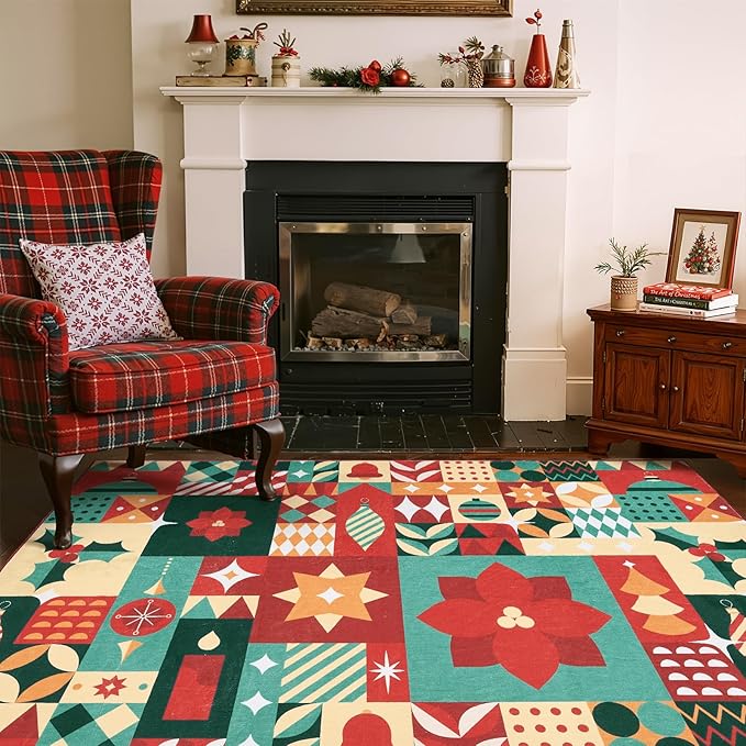 jinchan Christmas Rug 4x6 for Entryway Washable Christmas Living Room Rug Xmas Geometric Floor Mat Non-Slip Soft Throw Carpet Festive Red-Green Holiday Patch Decor for Bedroom Kitchen Bathroom