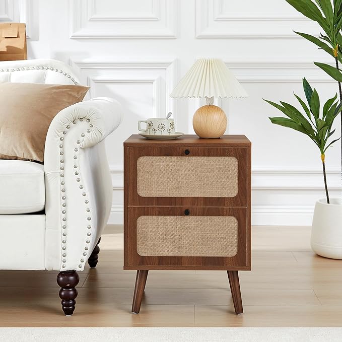 16" Wooden Nightstand with 2 Storage Drawer, Farmhouse Bedside End Table with Linen Decor, Mid Century Modern for Night Stand Bedroom, Living Room & Small Spaces (Walnut)